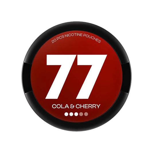 77 Cola & Cherry nicotine pouches packaging, 5.2mg or 10.4mg strength, 20 pouches shown on red background