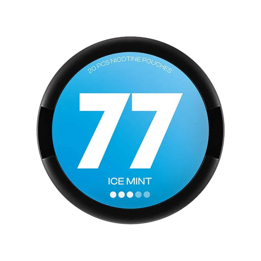 77 Ice Mint nicotine pouches, 20 pieces, available in 5.2mg or 10.4mg strength. Ideal for fresh and intense mint flavor.