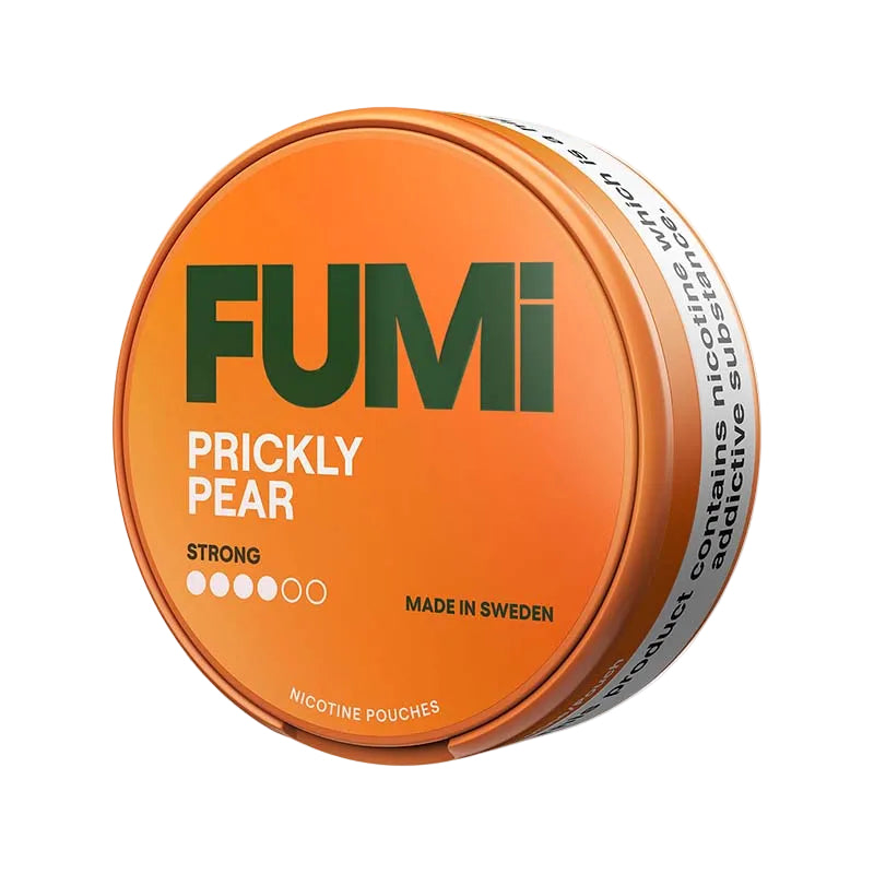 FUMI Prickly Pear Strong 8mg Nicotine Pouches featuring tobacco-free and smoke-free pear and cactus flavor in an orange can.