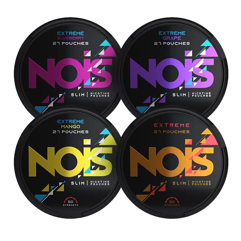 NOIS Extreme Strength Bundle with Blueberry, Cool Strong, Grape, Mango flavors, 50mg pouches displayed in packaging.