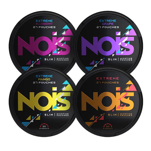 NOIS Extreme Strength Bundle with Blueberry, Cool Strong, Grape, Mango flavors, 50mg pouches displayed in packaging.