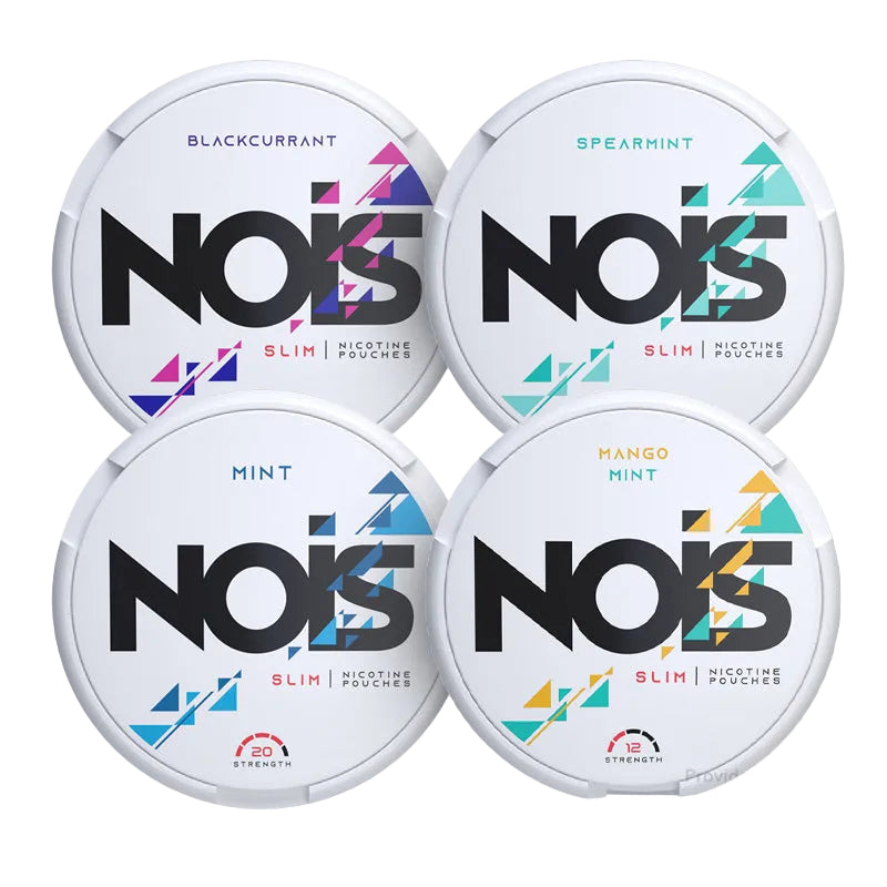 NOIS High Strength Bundle featuring Blackcurrant, Mango Mint, Mint, Spearmint pouches. Includes 20mg, 16mg, and 12mg strengths.
