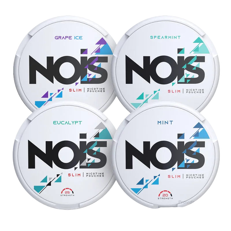 NOIS Strong Strength Bundle featuring Eucalyptus, Grape Ice, Mint, and Spearmint nicotine pouches.