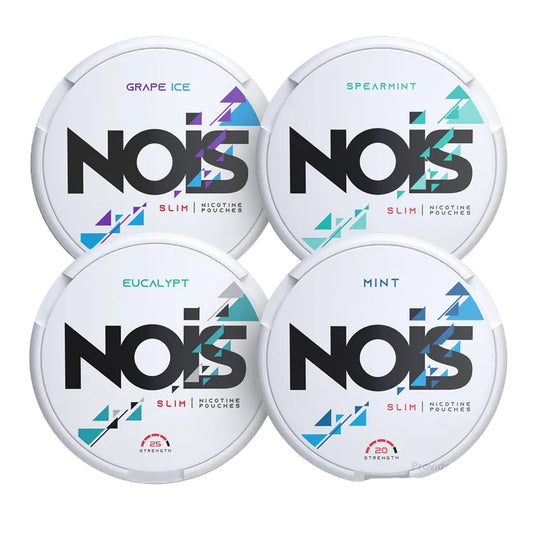 NOIS Strong Strength Bundle featuring Eucalyptus, Grape Ice, Mint, and Spearmint nicotine pouches.