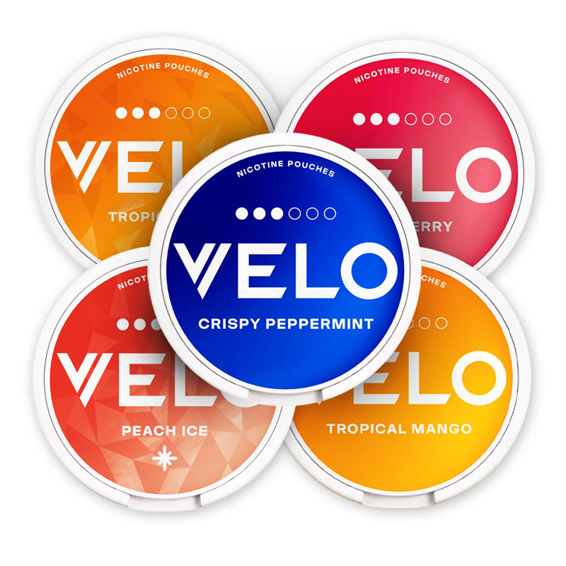 VELO Fruity Mint Mix Bundle (10-Pack) featuring Crispy Peppermint, Tropical Ice, Ruby Berry, Tropical Mango, and Peach Ice varieties.