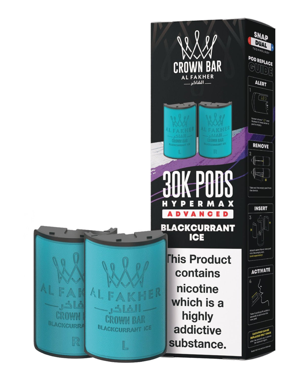 Al Fakher Crown Bar 30K Hypermax Refills Pods - Box of 5 Available In Blackcurrant Ice Flavour 