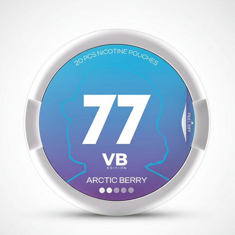 77 VB Edition Arctic Berry nicotine pouches, available in 5.2mg, 10.4mg, and 20mg strengths, tin with 20 pouches, Arctic Berry flavor
