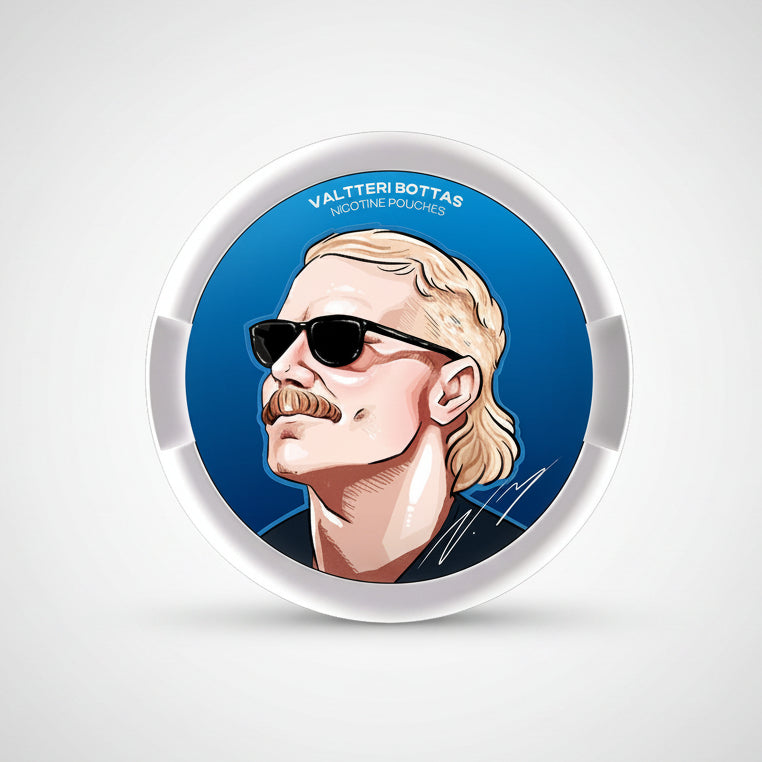 77 VB Edition Arctic Mint container featuring artistic portrait on blue background, designed for refreshing nicotine enjoyment.