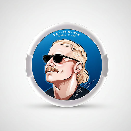 77 VB Edition Arctic Mint container featuring artistic portrait on blue background, designed for refreshing nicotine enjoyment.