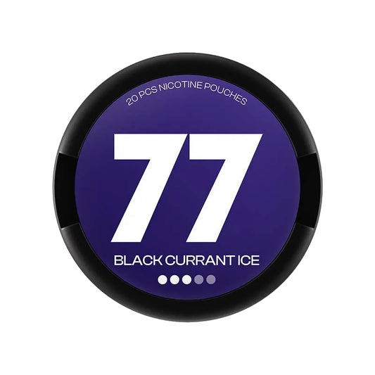 77 Black Currant Ice nicotine pouch pack with 10.4mg strength and 20 pouches shown on the lid.