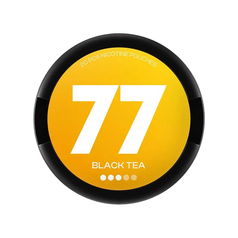 77 Black Tea nicotine pouches, 20 pcs, 10.4mg strength, vibrant yellow packaging with branding and product information visible.