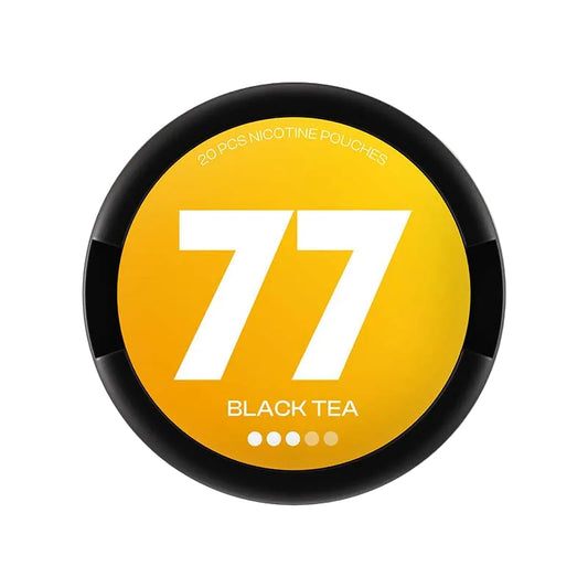 77 Black Tea nicotine pouches, 20 pcs, 10.4mg strength, vibrant yellow packaging with branding and product information visible.