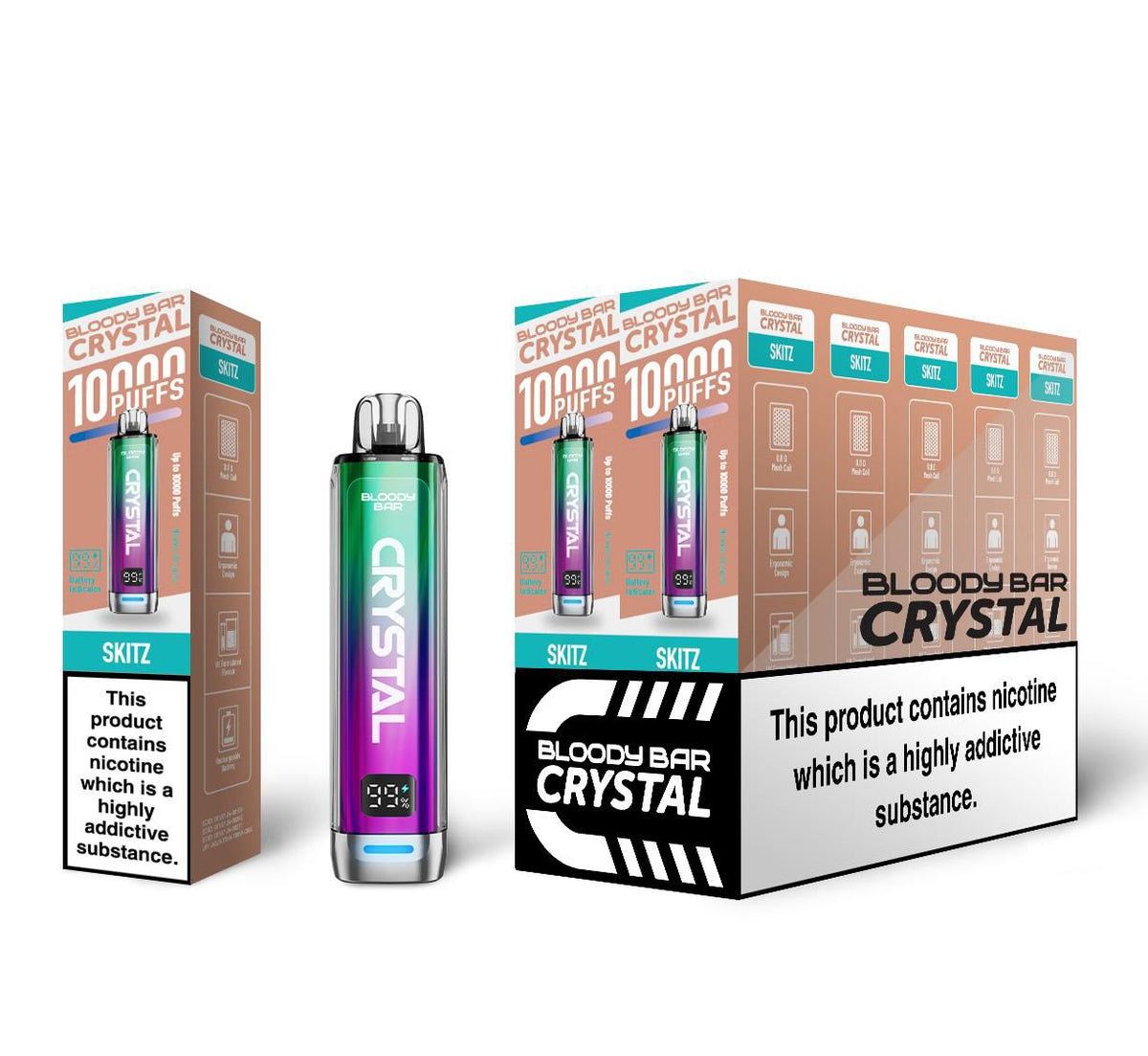 Bloody Crystal 10K Prefilled Pod kit featuring Box of 10 of flavour Skitz