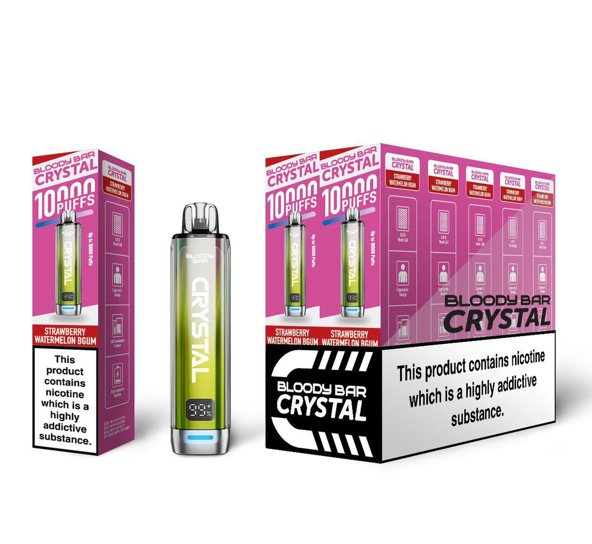 Bloody Crystal 10K Prefilled Pod kit featuring Box of 10 of flavour Strawberry Watermelon Bubble Gum