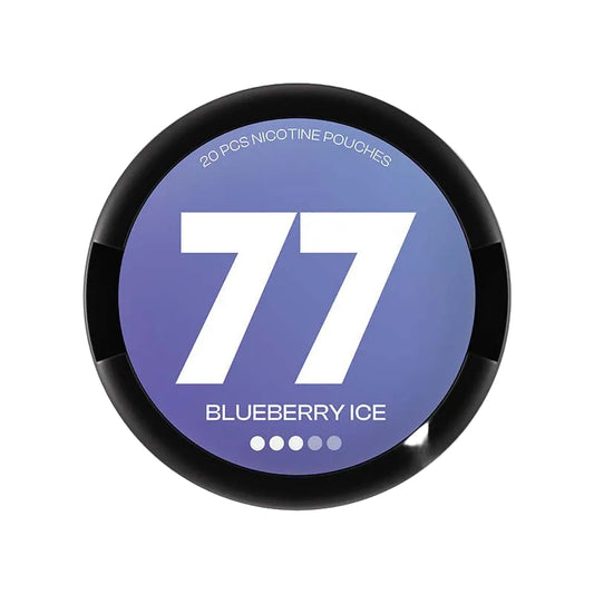77 Blueberry Ice 10.4mg strength nicotine pouches, 20 pieces, in a round blue container