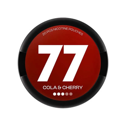 77 Cola & Cherry nicotine pouches packaging, 5.2mg or 10.4mg strength, 20 pouches shown on red background