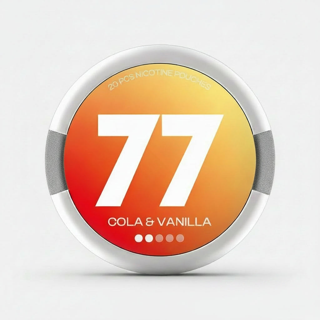 77 Cola & Vanilla nicotine pouches, available in 5.2mg or 10.4mg, 20 pouches per pack, vibrant red and orange packaging.