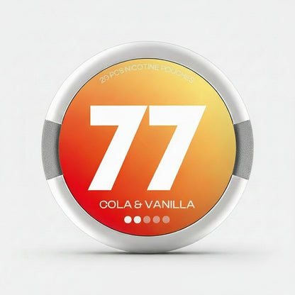 77 Cola & Vanilla nicotine pouches, available in 5.2mg or 10.4mg, 20 pouches per pack, vibrant red and orange packaging.