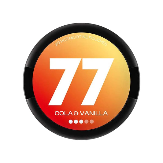 77 Cola & Vanilla nicotine pouches packaging, available in 5.2mg or 10.4mg strength, 20 pouches per pack.