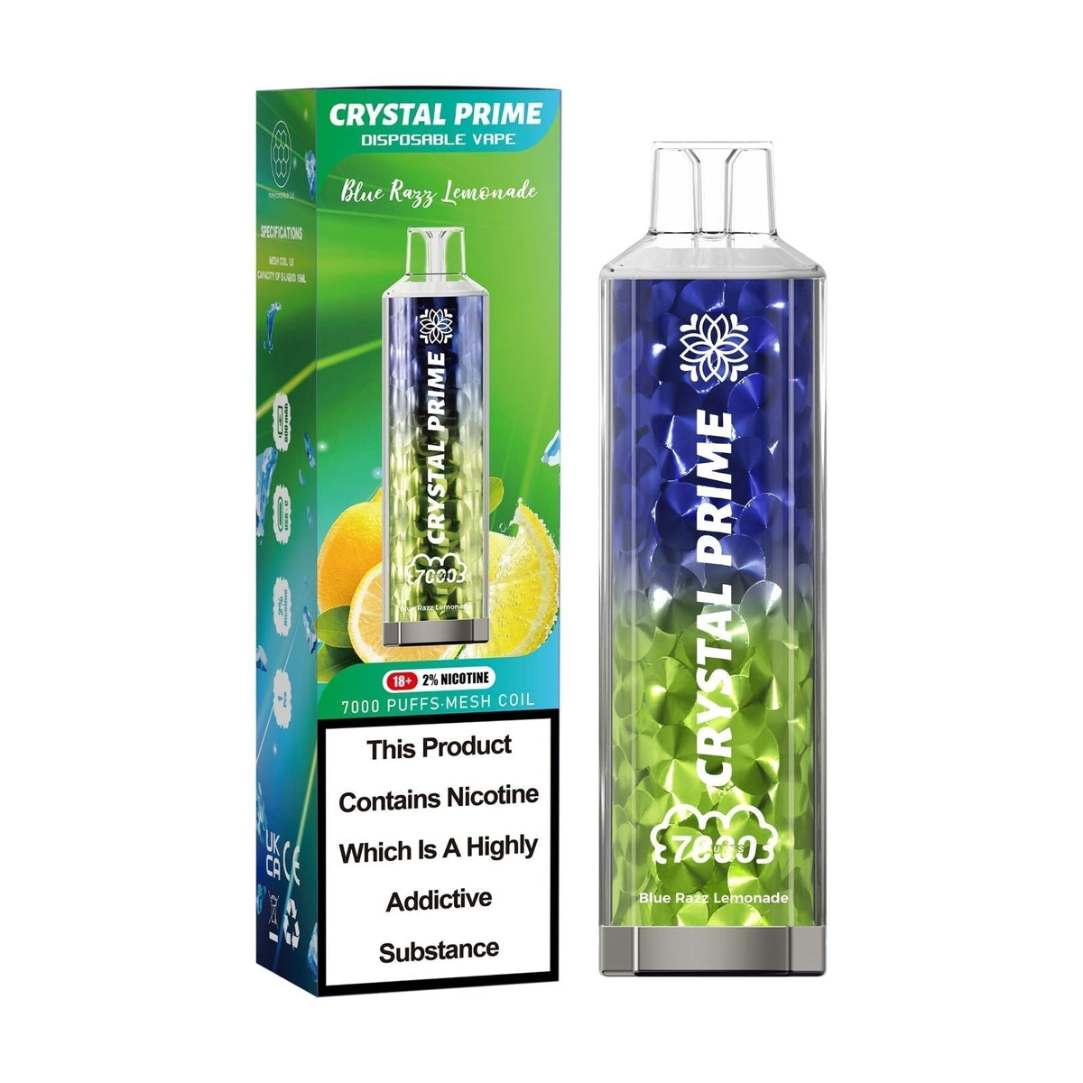 Crystal Prime 7000 Puff Disposable Vape Box of 10 - Flavour Blue Razz lemonade