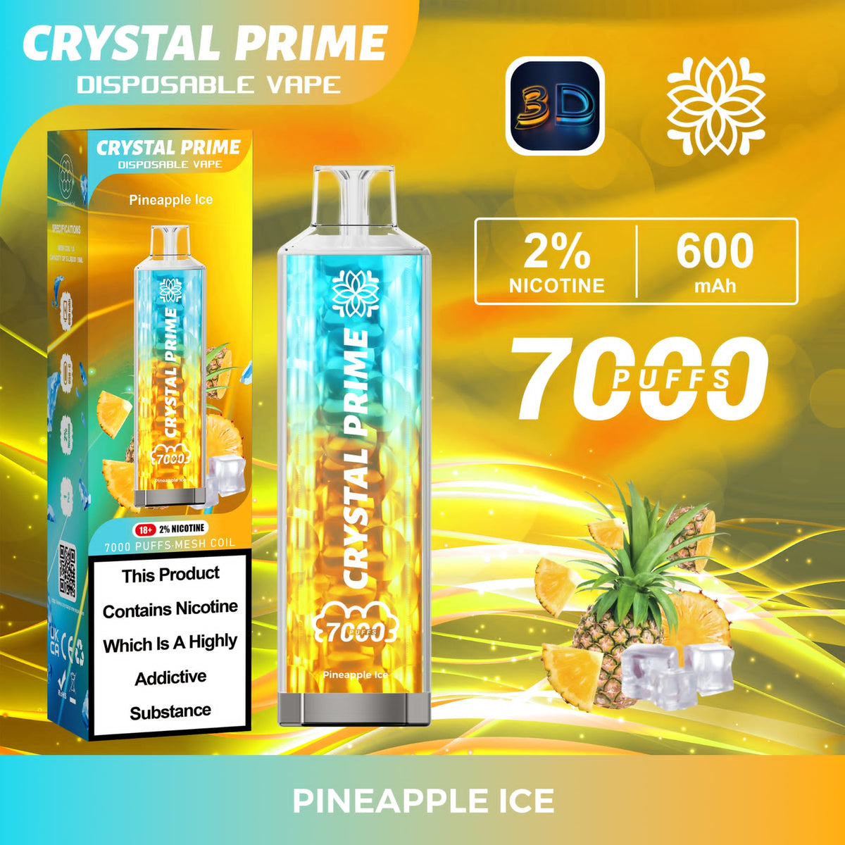 Crystal Prime 7000 Puff Disposable Vape Box of 10 - Flavour Pineapple Ice