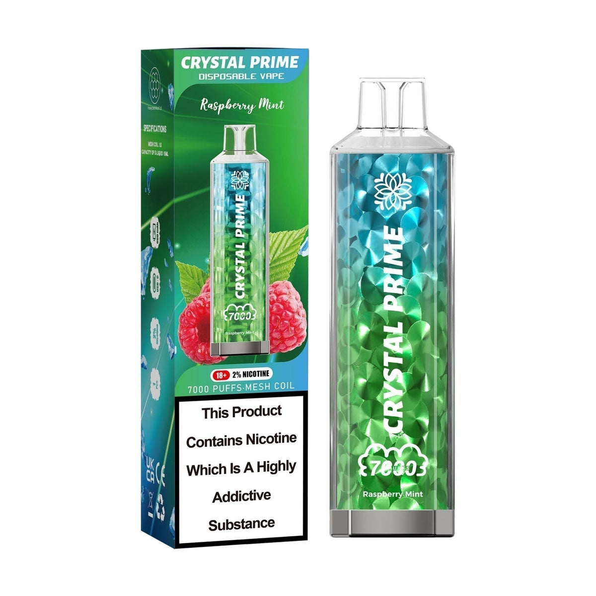 Crystal Prime 7000 Puff Disposable Vape Box of 10 - Flavour Raspberry Mint