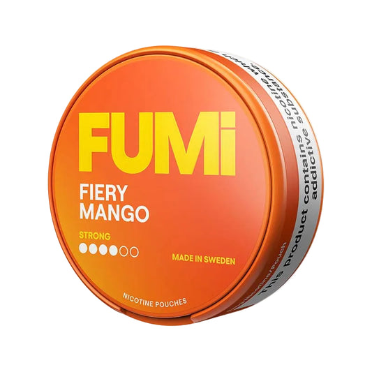 FUMI Fiery Mango Strong 8mg Nicotine Pouches, 20 per can, tobacco-free with mango and spice flavoring.