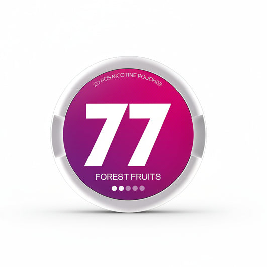 77 Forest Fruits nicotine pouches, 5.2mg or 10.4mg strength, 20-pack container.