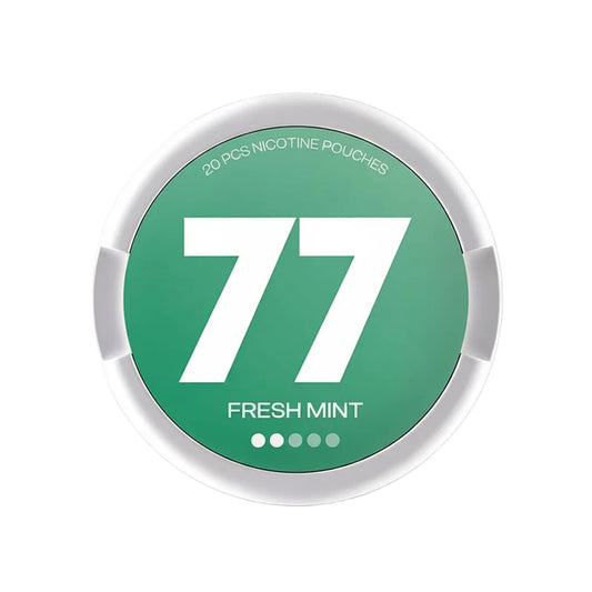 77 Fresh Mint nicotine pouches, available in 5.2mg or 10.4mg strength, 20 pouches per pack