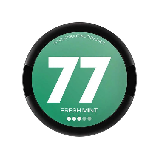77 Fresh Mint nicotine pouches, available in 5.2mg or 10.4mg strength, 20 pieces per can with fresh mint flavor.