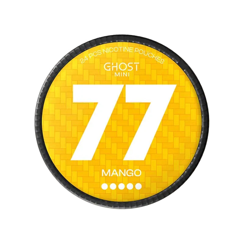 77 Ghost Mini Mango nicotine pouches in a compact yellow container with a tropical mango design, ideal for portable freshness.