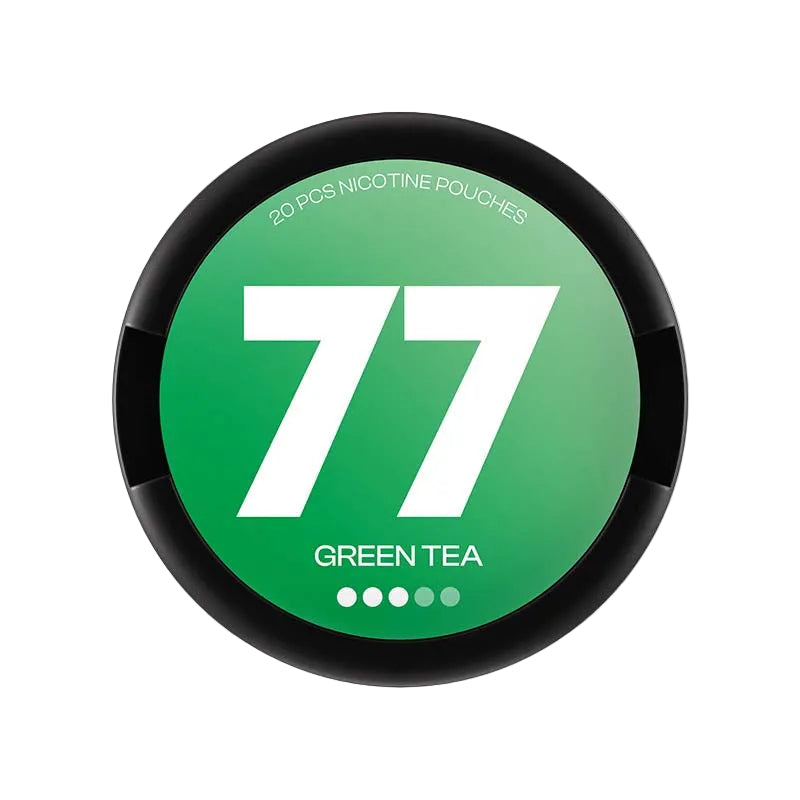 77 Green Tea 10.4mg nicotine pouches, 20-count packaging on display.