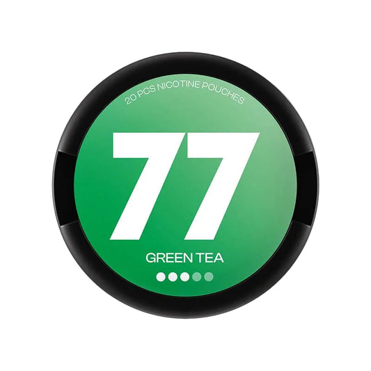 77 Green Tea 10.4mg nicotine pouches, 20-count packaging on display.