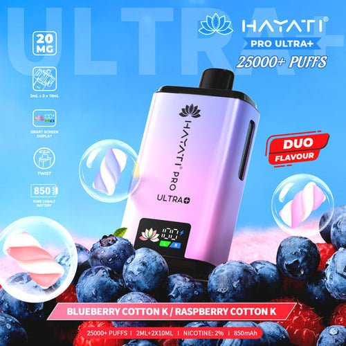 Hayati Pro Ultra Plus 25000 Prefilled Pod Kit Box of 5, Blueberry Cotton K, Raspberry Cotton K Flavour