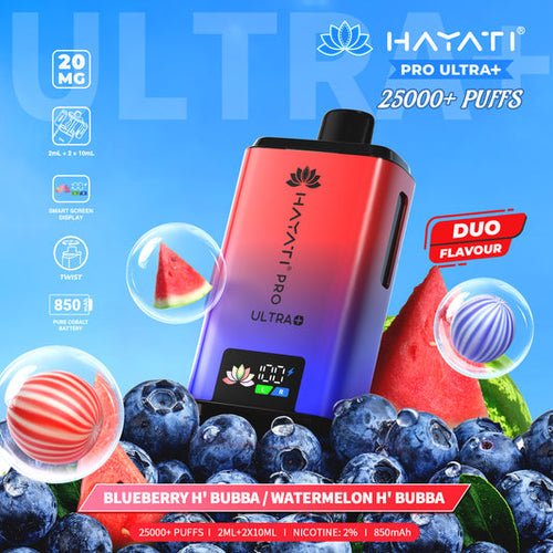 Hayati Pro Ultra Plus 25000 Prefilled Pod Kit Box of 5, Blueberry H Bubba, Watermelon H' Bubba Flavour