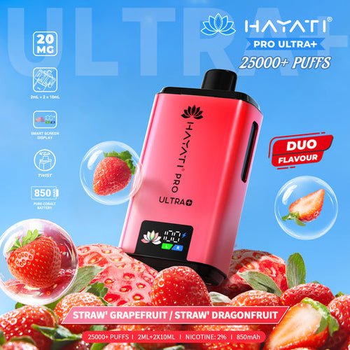Hayati Pro Ultra Plus 25000 Prefilled Pod Kit Box of 5, Straw Grapefruit, Straw Dragonfruit Flavour