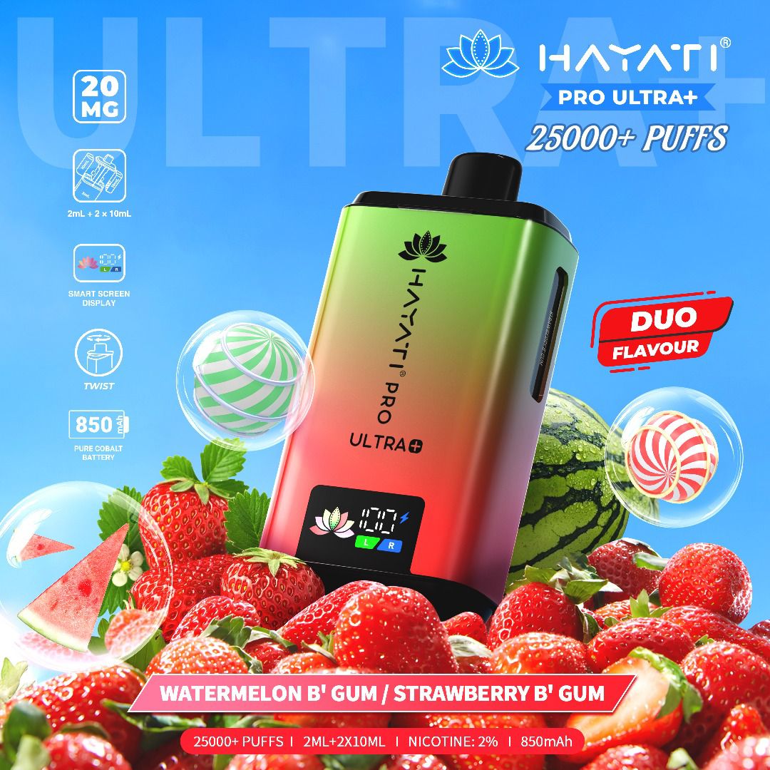 Hayati Pro Ultra Plus 25000 Prefilled Pod Kit Box of 5, Watermelon B'Gum, Strawberry B'Gum Flavour