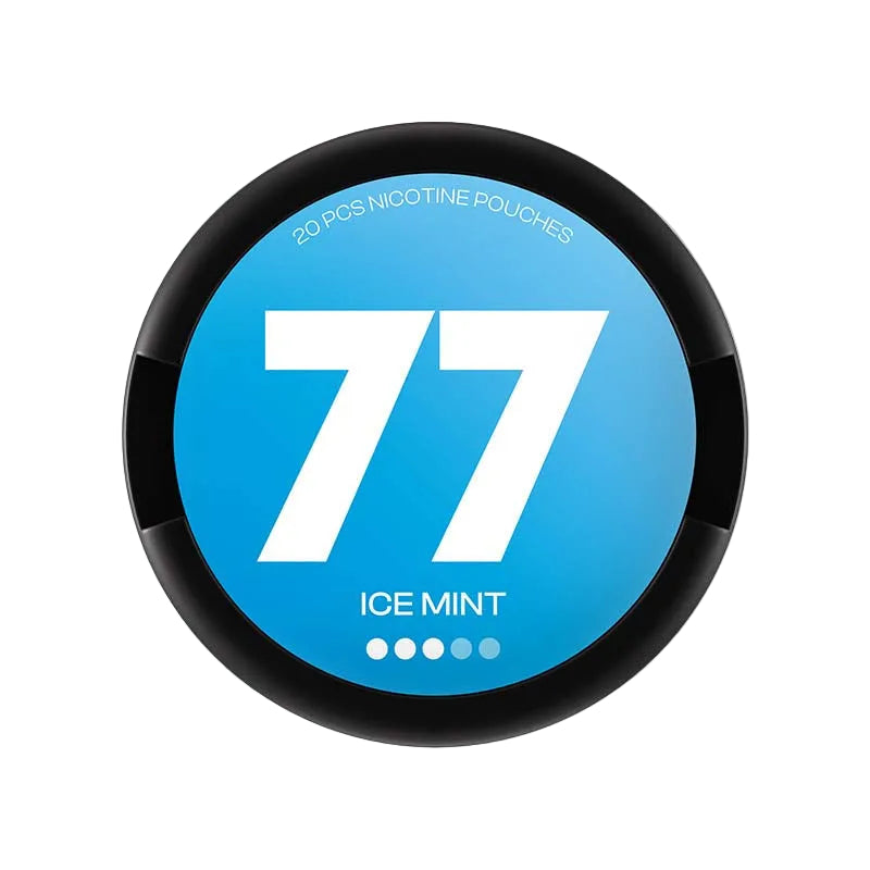 77 Ice Mint nicotine pouches, 20 pieces, available in 5.2mg or 10.4mg strength. Ideal for fresh and intense mint flavor.