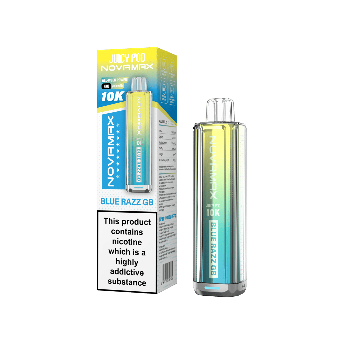 Juicy Pod Novamax 10k Prefilled Pod Vape Kit - Pack of 5 available in Blue Razz GB Flavour