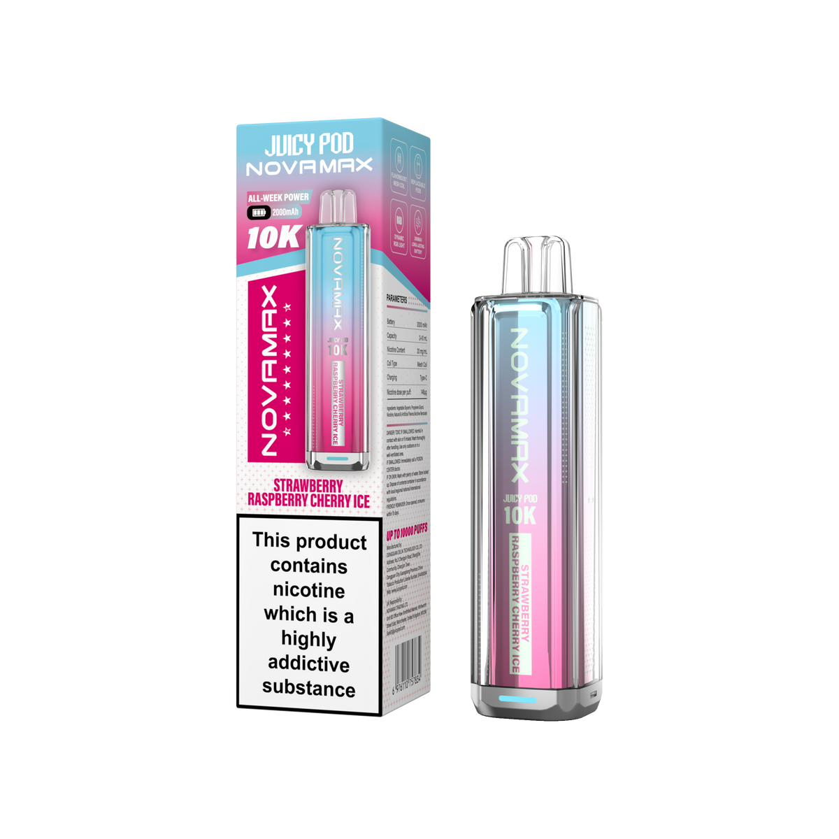 Juicy Pod Novamax 10k Prefilled Pod Vape Kit - Pack of 5 available in Strawberry Raspberry Cherry Ice Flavour 