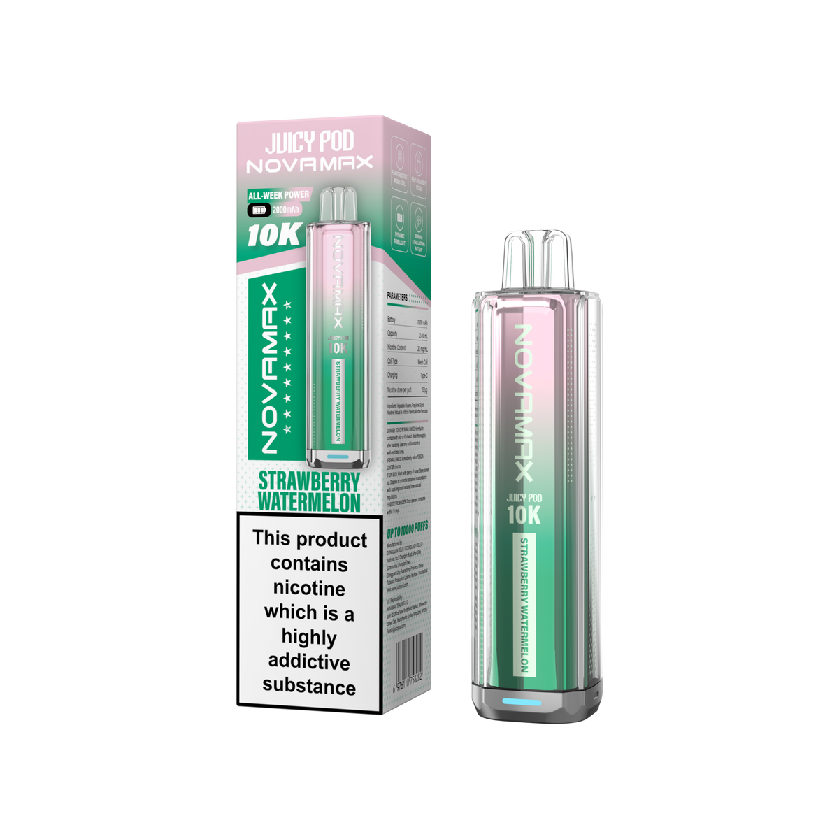 Juicy Pod Novamax 10k Prefilled Pod Vape Kit - Pack of 5 available in Strawberry Watermelon Flavour 