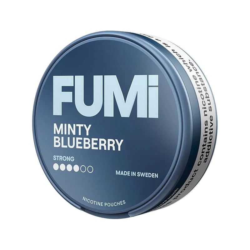 FUMI Minty Blueberry Strong 8mg nicotine pouches, blueberry mint flavor, tobacco-free, smoke-free, 20 pouches per can