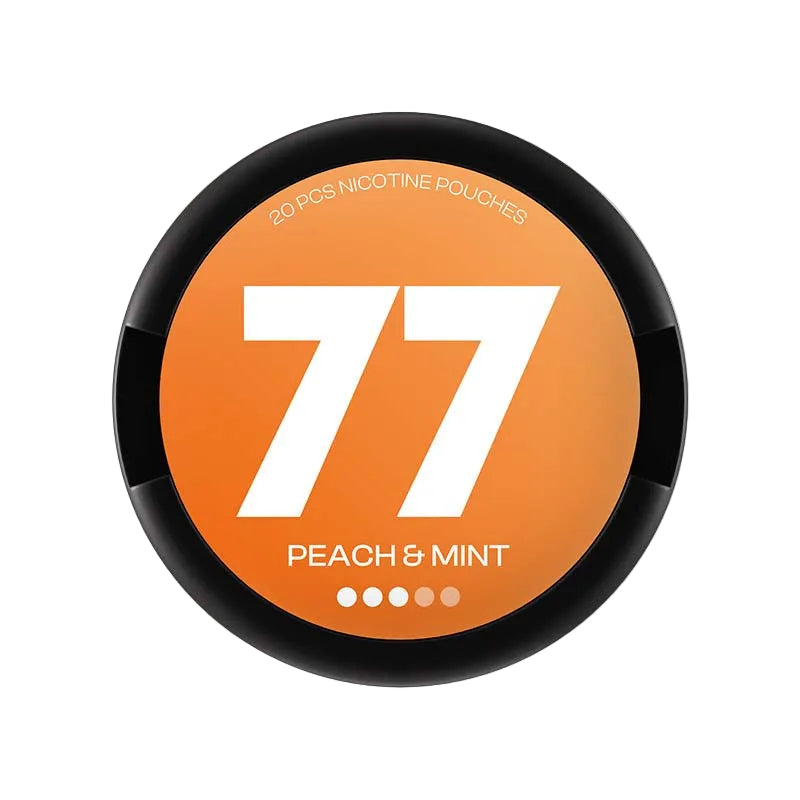77 Peach & Mint nicotine pouches, 10.4mg strength, 20 pouches per can. Product image showing orange and mint flavored packaging.