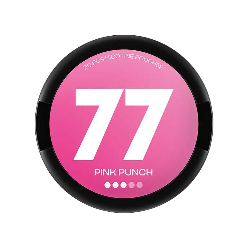 77 Pink Punch nicotine pouch, 10.4mg strength, 20 pouches per can.