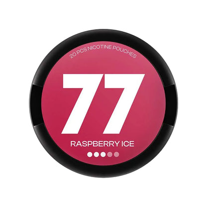 77 Raspberry Ice nicotine pouches, available in 5.2mg or 10.4mg strength, 20 per pack, raspberry flavor