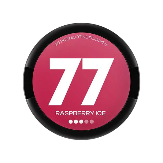 77 Raspberry Ice nicotine pouches, available in 5.2mg or 10.4mg strength, 20 per pack, raspberry flavor