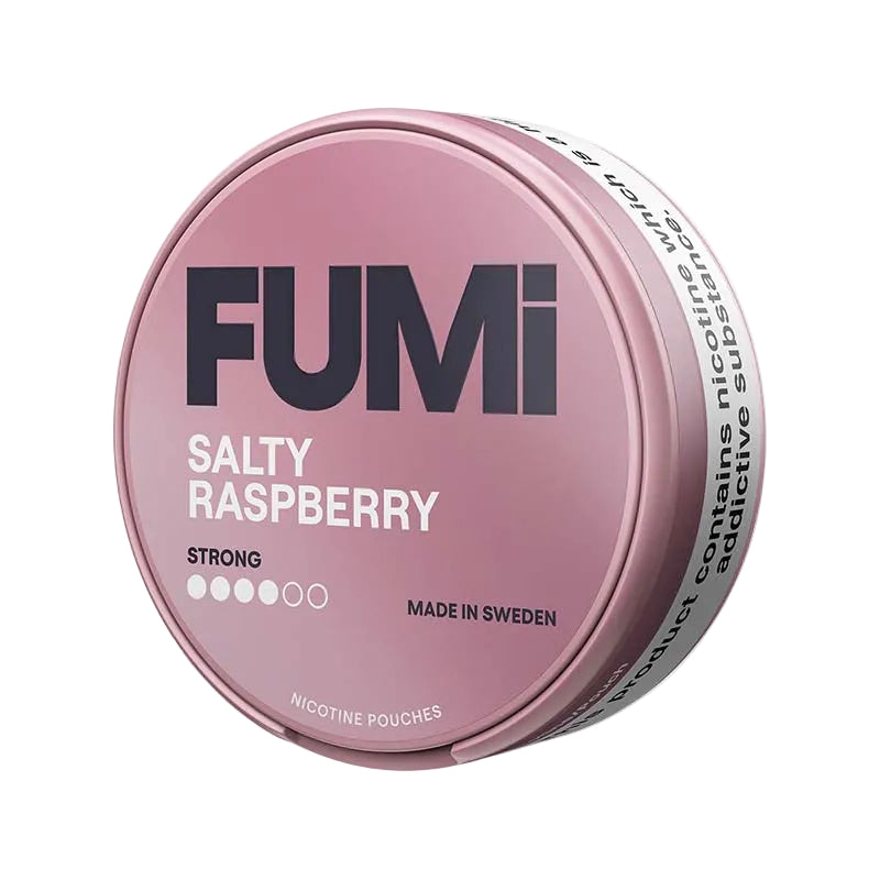 FUMI Salty Raspberry Strong nicotine pouches, 8mg, tobacco-free, with raspberry and liquorice flavor, can of 20 pouches.
