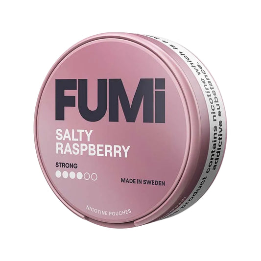 FUMI Salty Raspberry Strong nicotine pouches, 8mg, tobacco-free, with raspberry and liquorice flavor, can of 20 pouches.