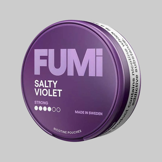 FUMI Salty Violet Strong 8mg nicotine pouches with violet, liquorice, salt flavor. Tobacco-free and smoke-free, 20 pouches per can.