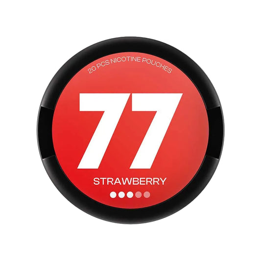 77 Strawberry nicotine pouches, 10.4mg strength, 20 counts, red package with branding visible.